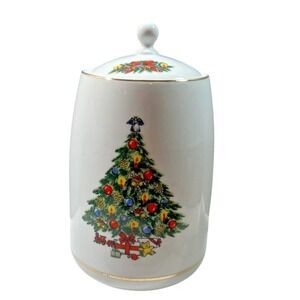 Jamestown China Canister White Christmas Treasure Tree 24k Gold Trim Jar 8.5"